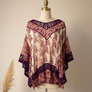 Zara| 100% Silk Boho Purple & Cream Paisley Butterfly Sleeve Tunic Top Sz S